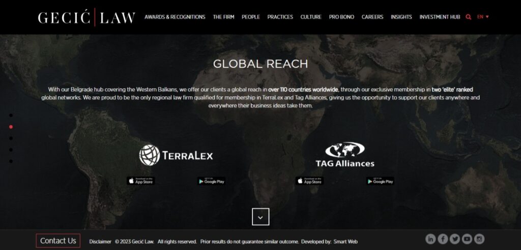 Homepage screenshot of Gecic Law's website, showcasing innovative design among top websites for law firms.