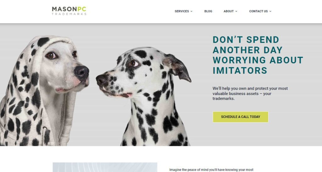 Homepage of Mason PC featuring a sleek interface with intuitive navigation, representing the best in modern website design for law firms.
