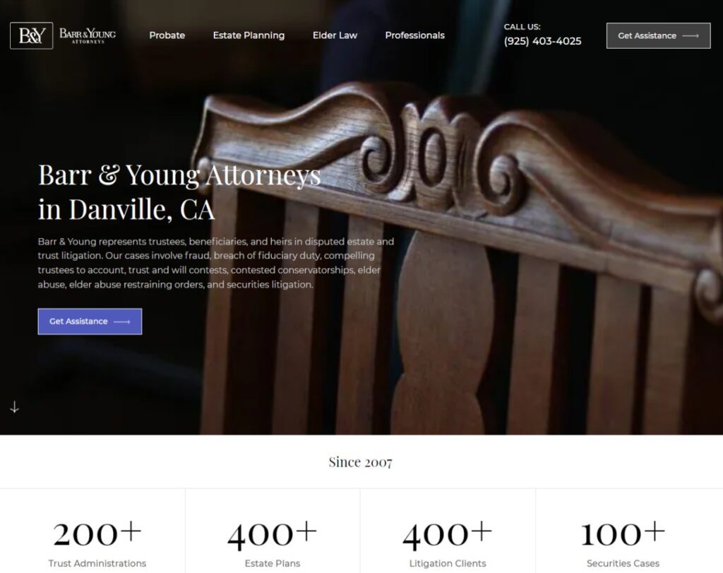 Snapshot of Barr & Associates Law Firm's homepage, featuring their estate litigation expertise, as a prime example of professional website design for law firms.