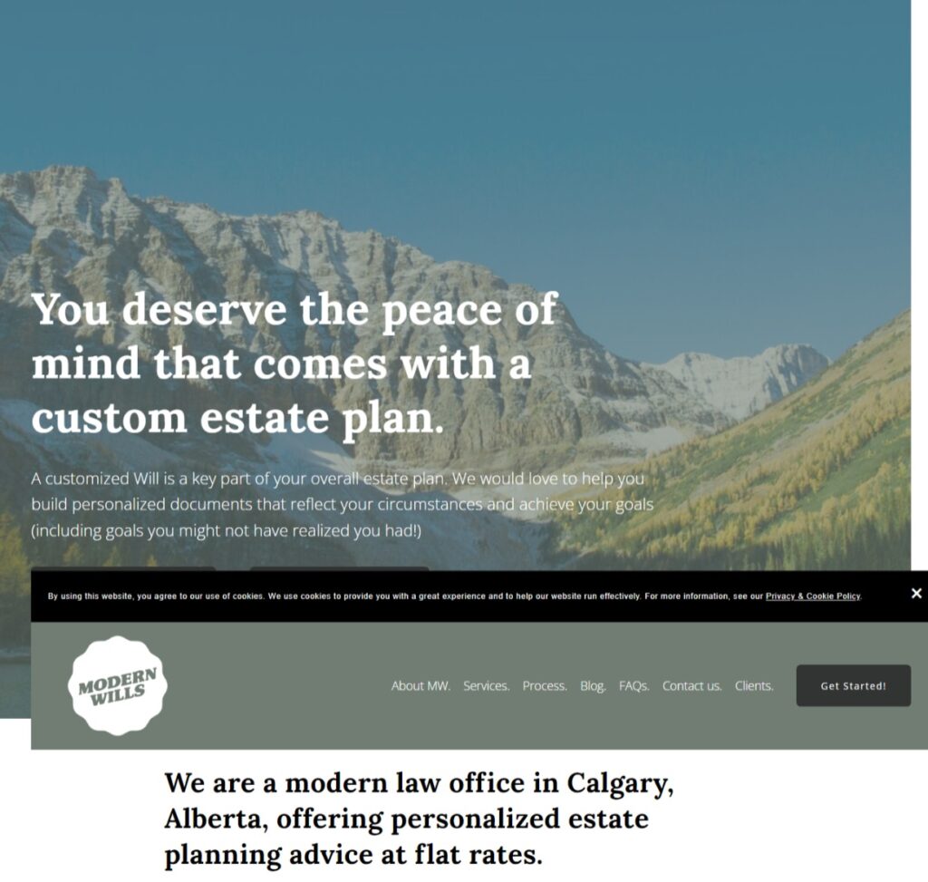 Modern Wills homepage screenshot, illustrating estate planning services with a user-centric design, an exemplary model for law firm websites.