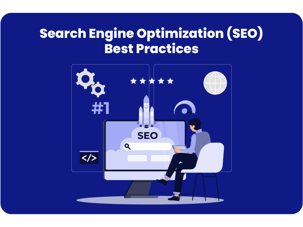 Illustration of a person implementing SEO tactics on a computer, under the title 'Search Engine Optimization (SEO) Best Practices', showcasing how law firms can enhance their online visibility.