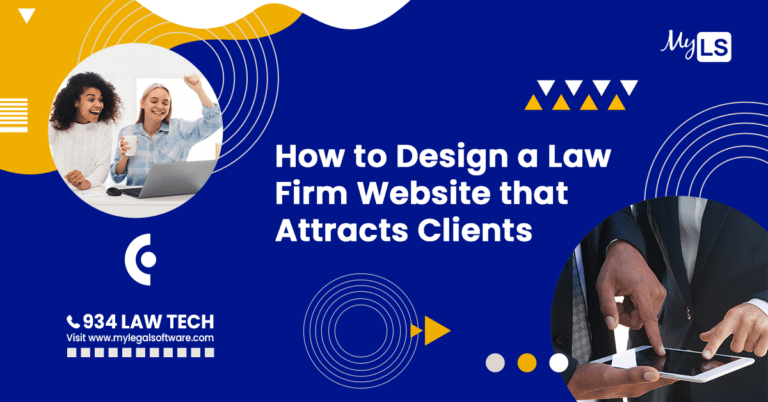 Promotional graphic with a headline 'How to Design a Law Firm Website that Attracts Clients' featuring two happy women at a computer and a man using a tablet, emphasizing legal website development.