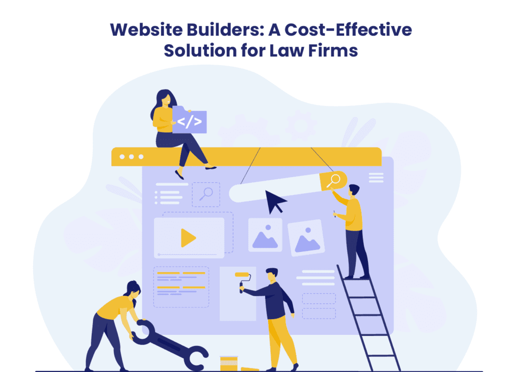Illustration of a team collaboratively working on a website's layout, representing 'Website Builders: A Cost-Effective Solution for Law Firms'
