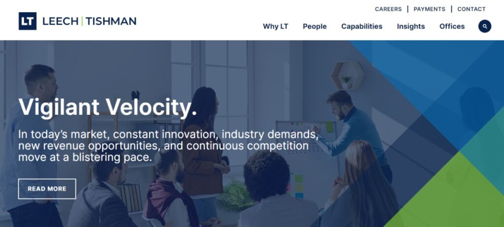 Dynamic team collaborating in a modern office environment on the Leech Tishman website