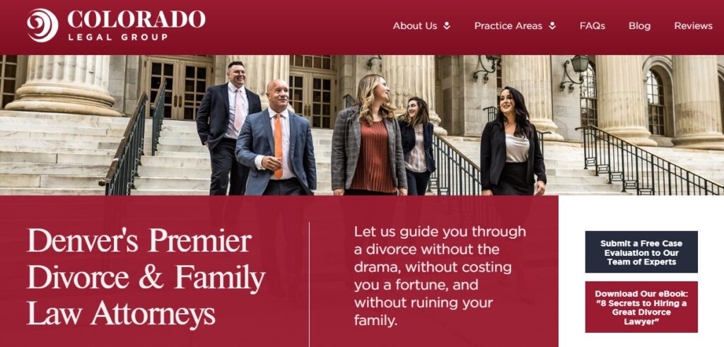 Confident team of Denver's family law attorneys walking down courthouse steps on Colorado Legal Group's website.