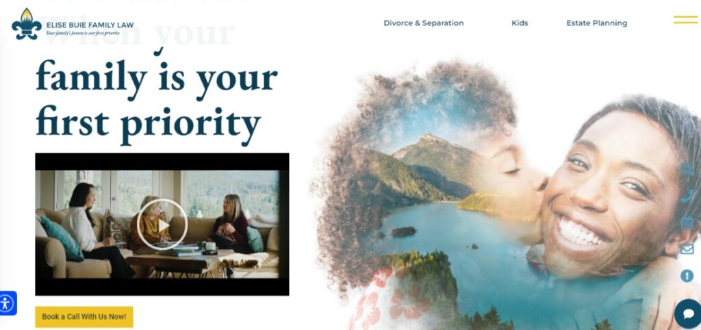 Joyful family moments depicted on Elise Buie Family Law's website, emphasizing family as the first priority.