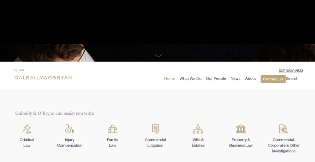 Diverse legal services offered by Galbally & O’Bryan Law Firm as displayed on their website.
